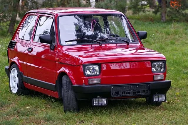 A restored red Fiat 126p Maluch, the small communist-era Polish car built under license from Fiat